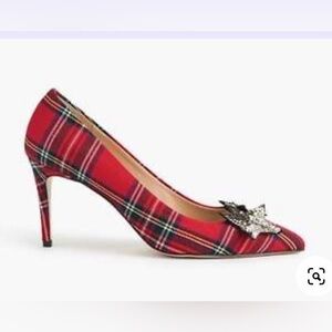 J.Crew - Lucie Pumps in Embellished Plaid, Red/Black with sparkly stars, 7-1/2